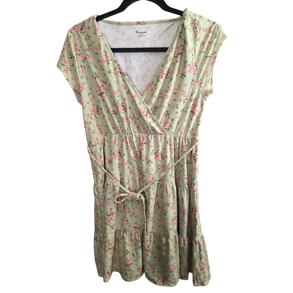 No Boundaries Floral Tiered Faux Wrap Dress Medium M 8 10 Green Pink Peach Soft